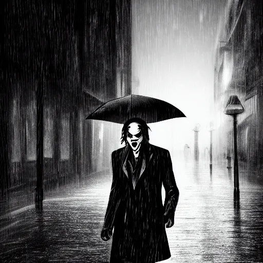 Prompt: black in white joker walking in the rain, night life buildings, sad mood, low angle, realistic, intricate, detailed, digital art, 4 k, 8 k, wallpaper, artstation trending