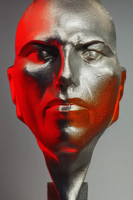 Prompt: realistic 8k Roberto Ferri Sculpture of random jagged reflective metal pieces forming the shape of a person silhouetted by a bright red sun, godrays, glinting metal, neon colors, cyberpunk, smooth, sharp focus, 24mm lens, DOF, hyper realistic, art by Greg Rutkowski and Ruan Jia and Giger