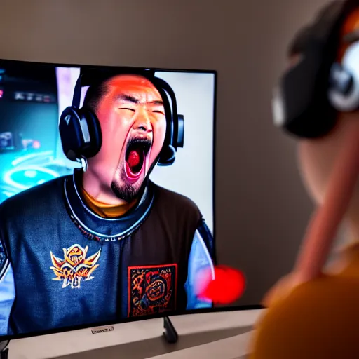 Image similar to Photo of Genghis Khan, wearing a headset, playing Overwatch, close-up, raging, screaming at screen high detail, studio, 85mm Sigma Art Lens