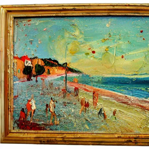 Image similar to oil paint impasto relief, beautiful italian beach scene, multi layered thick brush marks, some splattered paint, in the style of francis bacon and van gogh