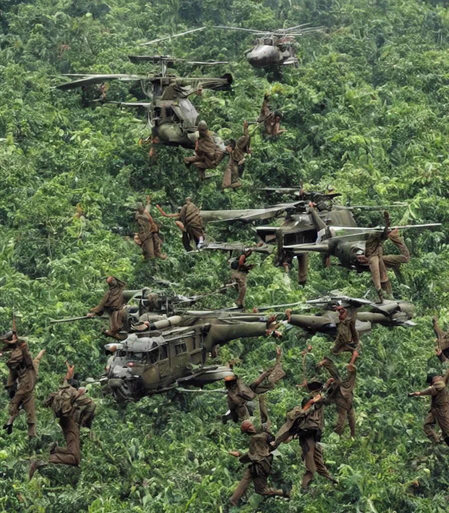 Image similar to vietnam war helicopter soldiers rain jungle in the style of frank miller