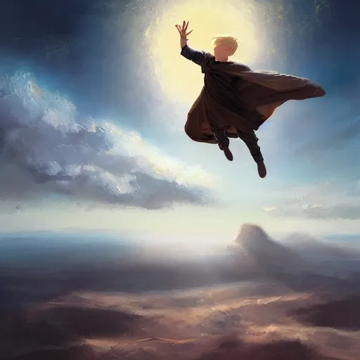 Image similar to blonde boy wearing a brown cape and flying in t pose, powerful, space background, oil painting, brush strokes, greg rutkowski