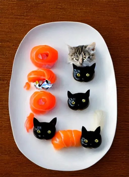 Image similar to clear surrealist painting of adorable cats made out of sushi