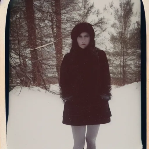 Prompt: full body polaroid of a young woman with black hair, small nose, plump lips, honey colored eyes and symmetrical face standing in front of a snowy cabin