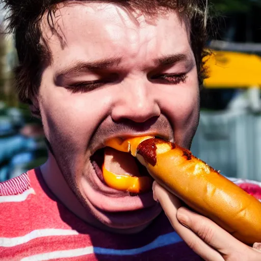 Prompt: realistic photo of a man eating a hotdog, the hotdog is screaming, close up, 65mm, photorealistic