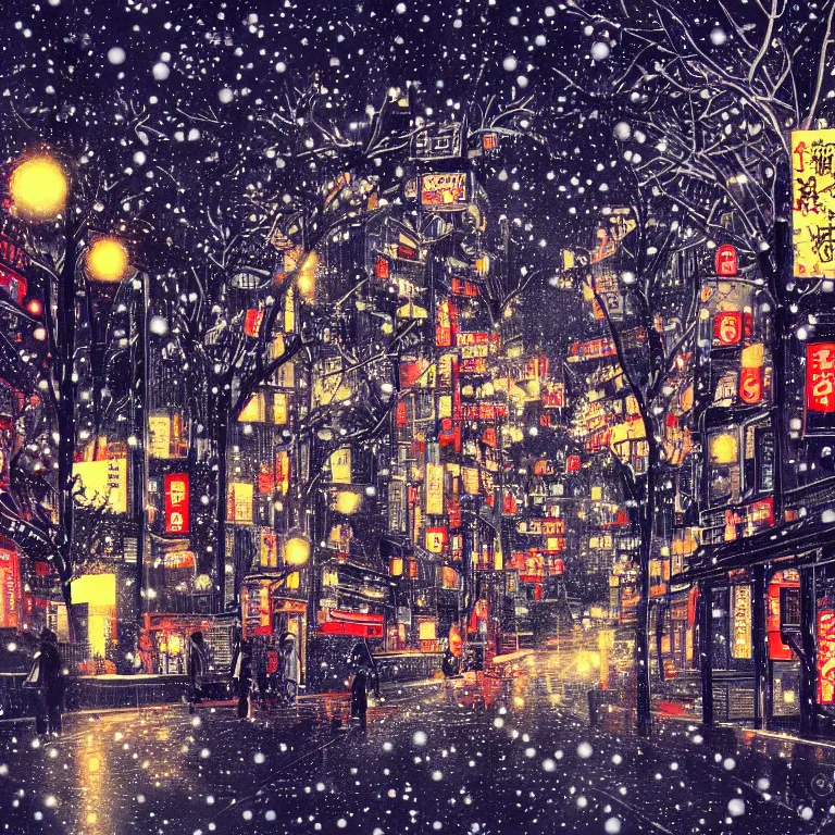 Image similar to beautiful and detailed illustration of tokyo with many lights and lens flares, snowy winter christmas night
