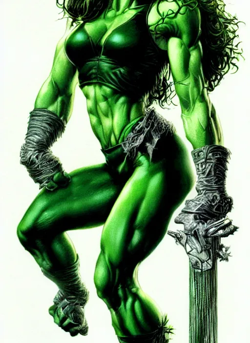 Image similar to jessica biel as she - hulk. green skinned, muscular, wheyfu. illustration luis royo, boris vallejo, detailed, realistic