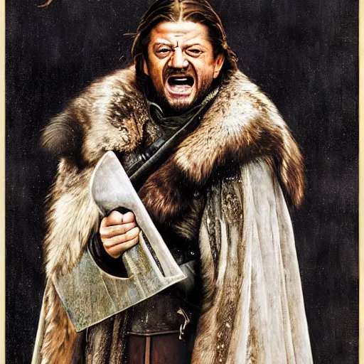 Image similar to ned stark screaming in winterfell by norman rockwell