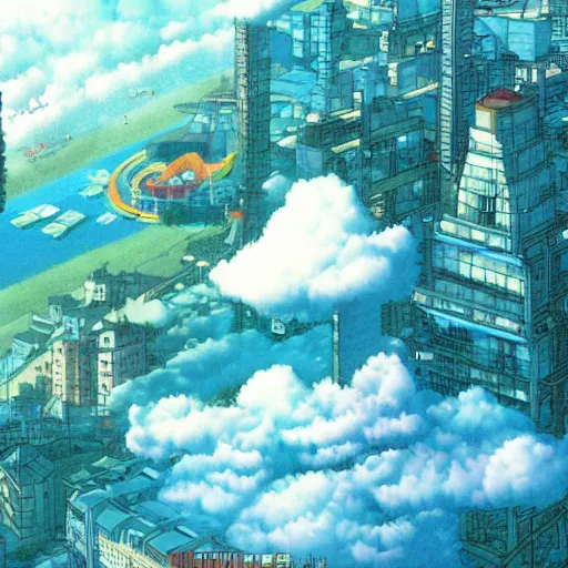 Prompt: a theme park in the clouds, by satoshi kon