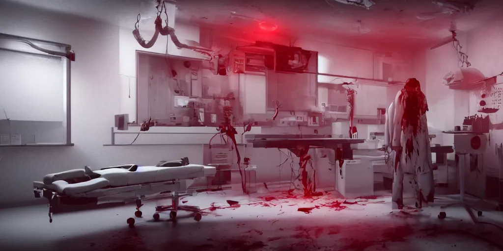 Image similar to High-tech white laboratory with horrible creature on the operating table, red panels with broken circuits, alarm lights, blood, horror, dark cinematic, volumetric, realistic, 3d render, Realistic Render, Cinematic lighting, Volumetric lighting, atmospheric, cinematic, unreal engine, unreal engine render, octane render, HD, photorealism, hyper realistic, photo, 8K, in the style of Chris Cunnigham, by Wes Anderson