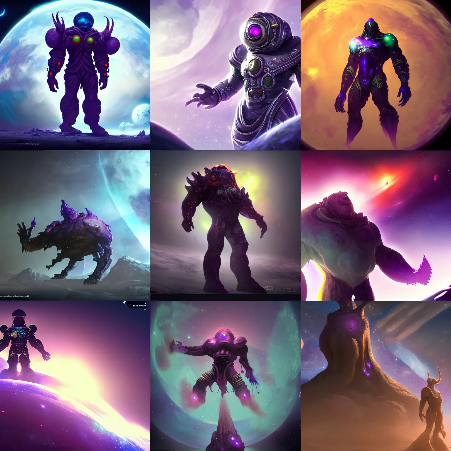 Prompt: a celestial giant in space, character design, concept art, deep colours, black and purple trending on art station, unreal engine 5