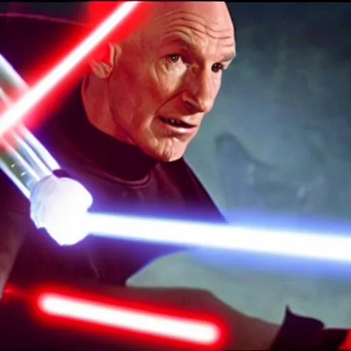 Prompt: captain picard has a lightsaber duel with darth maul, The Next Generation Episode Screen Capture