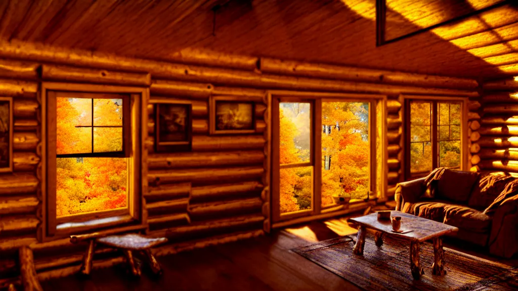 Prompt: inside an old log cabin, the autumn light comes in through a window and dimly illuminates the room, softened diffuse light, photorealism, photo taken with canon EOS 5D and 35 mm lens