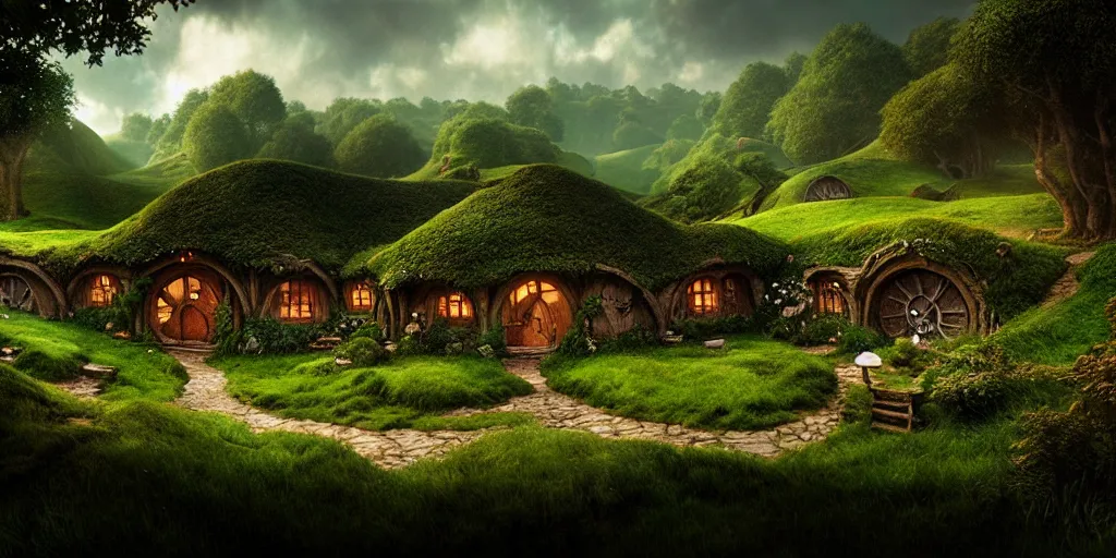 Image similar to the shire. hobbits village, concept art. epic. cinematic. 3 5 mm film. photorealistic, high details, artstation.