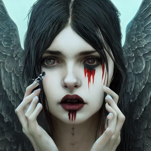 Prompt: beautiful very extreme closeup portrait, gothic girl, goth, vampire, birds, weeping angels, angel of grief, stone statues, beautiful woman body, unreal engine, greg rutkowski, loish, rhads, beeple, tom bagshaw, alphonse mucha, global illumination, detailed and intricate environment