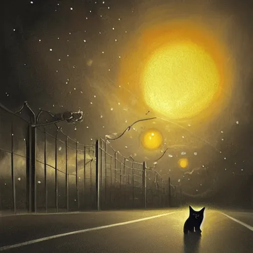 Image similar to an hyper detailed black cat with orange eyes walking through the road during the night under the light of the streetlights and looking at the moon. Realistic. High detail. Hyper realistic artwork By Diego Fazio