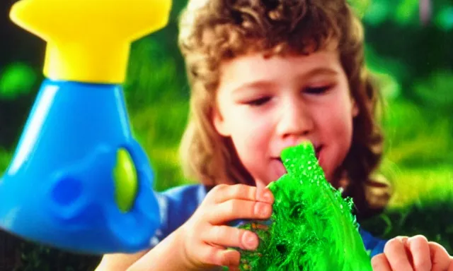 Prompt: kid playing with slime monster, realistic, toy commercial photo, highly detailed, photo from the 80s