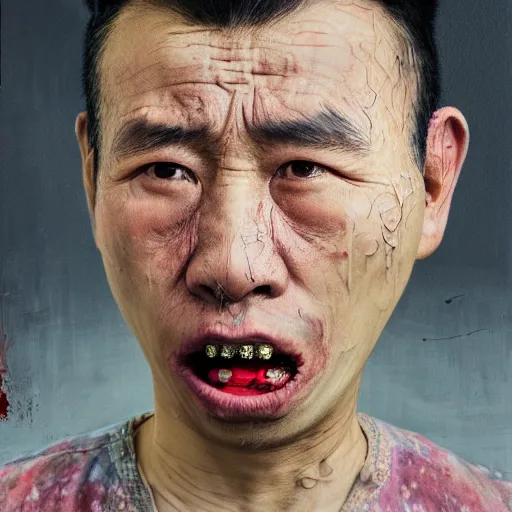 Prompt: photorealistic face portrait of chinese uyghur muslim prisoner, paint, wearing victorian rags, elite, disfigured, drooling, moist, unnatural movement, they are unhappy, bizzaro, renaissance, by emedios varo and anato finnstark and fenghua zhong and giacometti, hyperrealism, 8 k, 3 d, masterpiece, texture