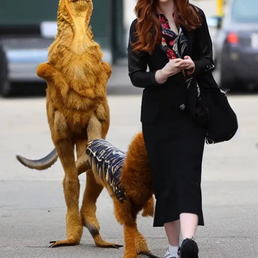 Image similar to paparazzi photo of Anna Kendrick walking her pet velociraptor