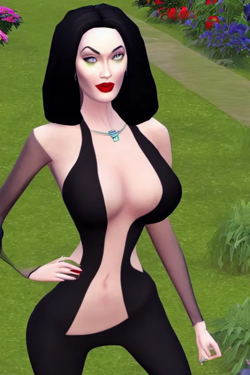 Image similar to megan fox as morticia addams, second life avatar, the sims 4