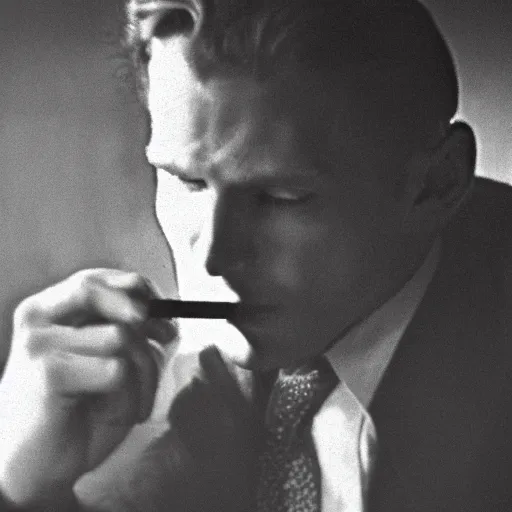 Image similar to portrait of jerma 9 8 5 as a private investigator, noir style, 1 9 4 0's, film photograph, high detail, smoking a cigarette, grainy