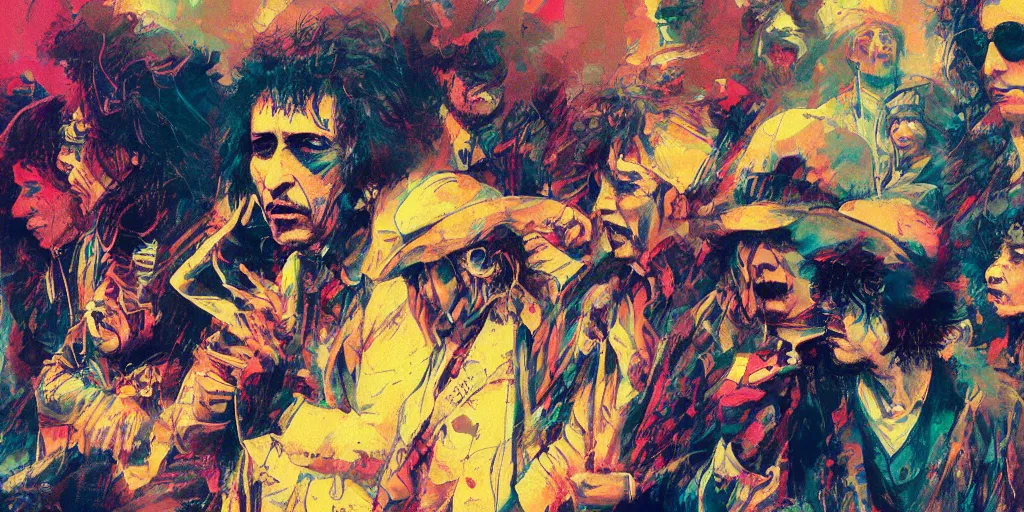 Image similar to rolling thunder revue, bob dylan, colorful, contrast, kim jung gi, greg rutkowski, zabrocki, karlkka, jayison devadas, trending on artstation, 8 k, ultra wide angle, pincushion lens effect