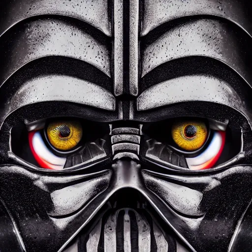 Prompt: clown darth vader hybrid, compound eyes, symmetrical front face portrait, high quality, high resolution, 4 k, octane realphoto, raytrace, intricate, hyper detailed, hard light studio lighting, dark background