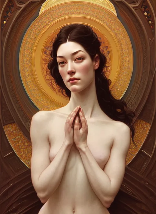 Image similar to symmetry portrait of floral stoya, intricate, elegant, highly detailed, digital painting, artstation, concept art, smooth, sharp focus, illustration, art by artgerm and greg rutkowski and alphonse mucha, 8 k