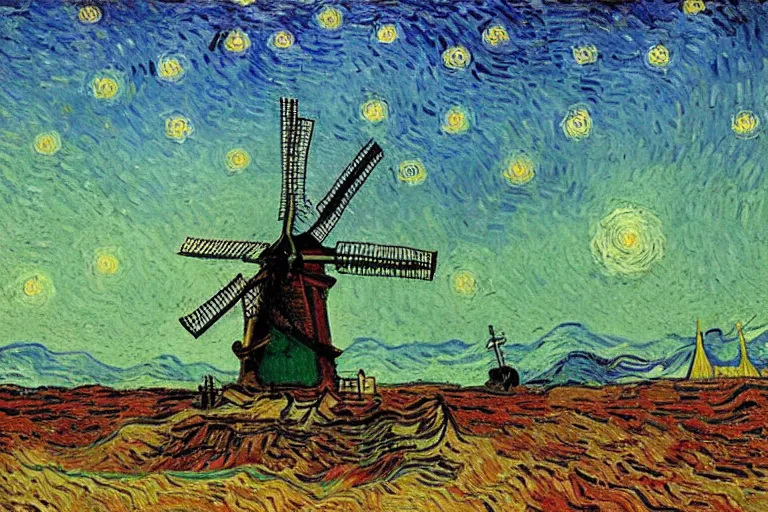 Prompt: windmill on the surface of the moon, circus, magical, warm light by van gogh