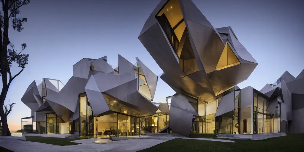 Prompt: Architectural photography of beautiful nature meets architecture concept of a residential house by Daniel Libeskind, volumetric lighting,, luxury, high detail, 14mm, cinematic photography, archdaily, high resolution