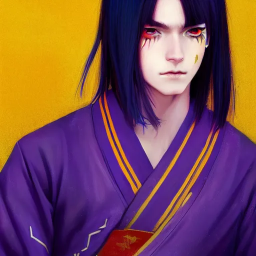 Image similar to colorful and Festive Captivating teenager boy with straight indigo japanese hair, purple eyes, red eye markers, wearing a japanese kimono with golden armor pieces. rich vivid colors, ambient lighting, dynamic lighting, 4k, atmospheric lighting, painted, intricate, highly detailed by Charlie Bowater