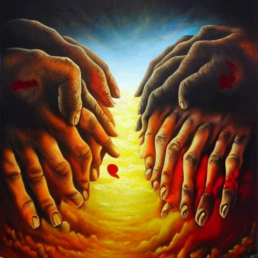 Image similar to couple walking hand in hand, in heaven and hell at the same time, surrealistic oil painting, beautiful, intricate, hell in the bottom, heaven in the top, very detailed