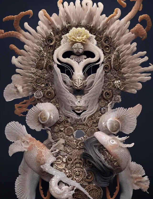 Image similar to 3 d goddess close - up frontal portrait with ram skull. beautiful intricately detailed japanese crow kitsune mask and clasical japanese kimono. betta fish, jellyfish phoenix, bio luminescent, plasma, ice, water, wind, creature, artwork by tooth wu and wlop and beeple and greg rutkowski