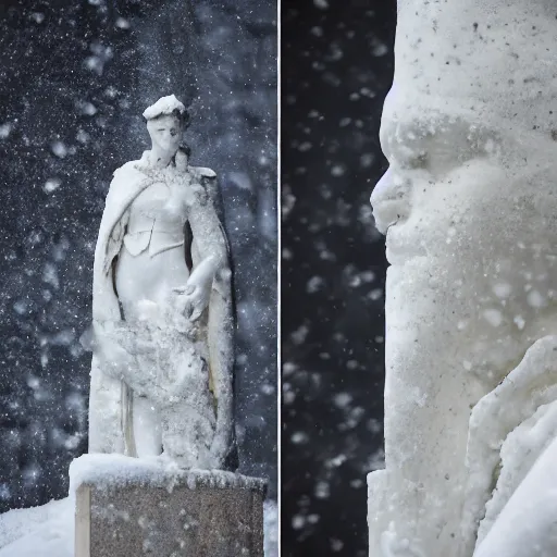 Image similar to black and white photo of snow falling on white cracked marble statue, in the background is a snowy concrete brutalist building, the statue is wearing a haute couture winter jacket by moncler genius, the statue is made of white marble, everything is white marble, sharp focus, depth of field, clear focus, beautiful, denoise, clean, japanese fashion