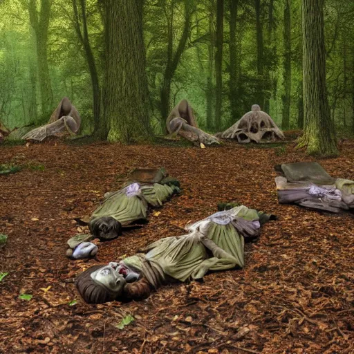 Prompt: haunted forest with dead bodies rising from the earth. 4 k cursed image