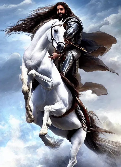 Image similar to the first horseman of the apocalypse riding a white stallion, horse is up on it's hindlegs, the rider looks like jesus, artwork by artgerm and rutkowski, breathtaking, dramatic