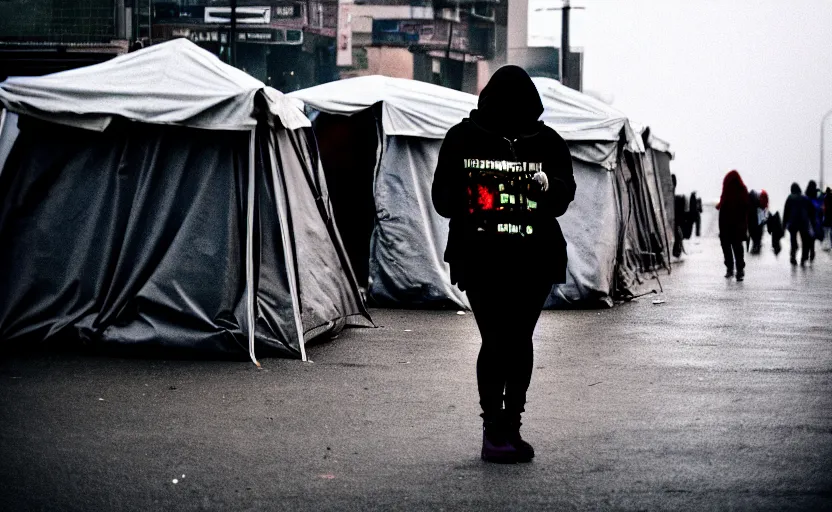 Prompt: Cinestill 50d candid photography of a city on fire, extreme wide shot of a poor techwear mixed woman wearing thick mascara and makeup crying outside of a futuristic city on fire, cyberpunk, tattoos, homeless tents on the side of the road, extreme long shot, desaturated, full shot, blurry, 4k, 8k, hd, full color