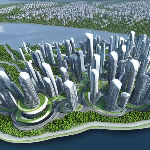 Image similar to scenic view of a futuristic modern utopian eco friendly city