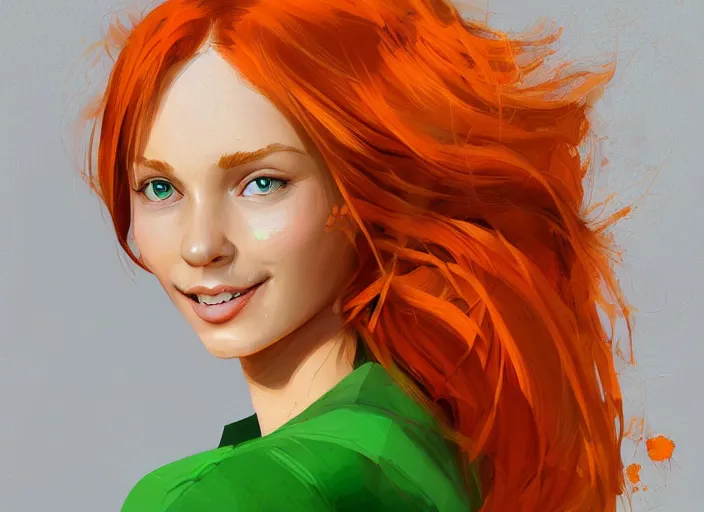 Image similar to portrait of a beautiful smiling girl with orange hair and freckles, green eyes, highly detailed, digital painting, style by Lera Kiryakova artstation, concept art, smooth, sharp, focus, illustration. background is purple