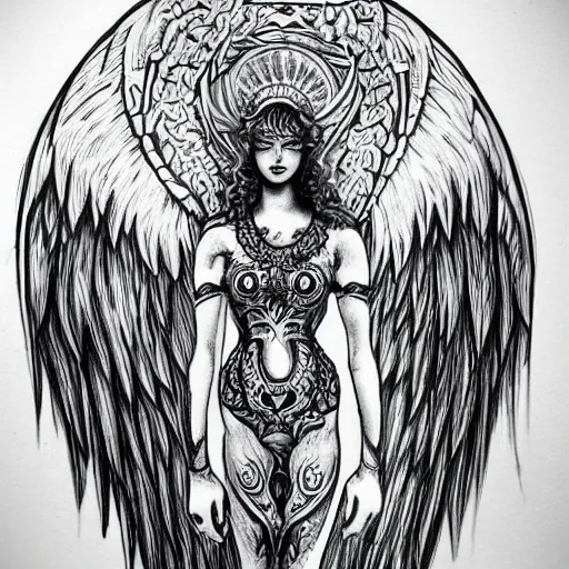 Image similar to realism!!!! Back tattoo!! design sketch of a Magestic Angel, in the style of Da Ink