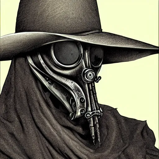 Prompt: a portrait of a plague doctor gunslinger, dark fantasy, horror, western, hell, ultrafine detailed digital pencil art by takeshi obata and mike mignola, death note style, colored by greg rutkowski, symmetric body, cgsociety, sharp focus, detailed face, looking at the camera