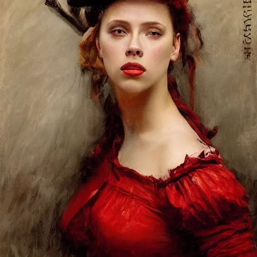 Prompt: solomon joseph solomon and richard schmid and jeremy lipking victorian genre painting portrait painting of a young beautiful scarlet johansson traditional german french actress model pirate wench in fantasy costume, red background