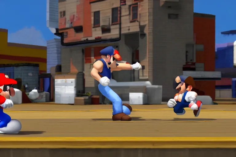 Image similar to a bald black teenager in a white tanktop and blue jeans fighting mario in super smash bros, game screenshot, 4k,