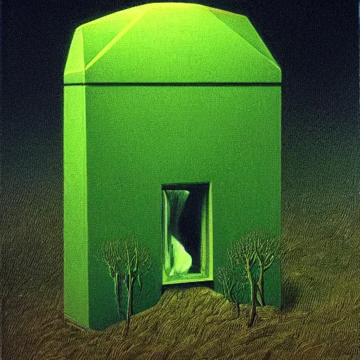 Prompt: a glowing green coffin in the style of Zdzisław Beksiński