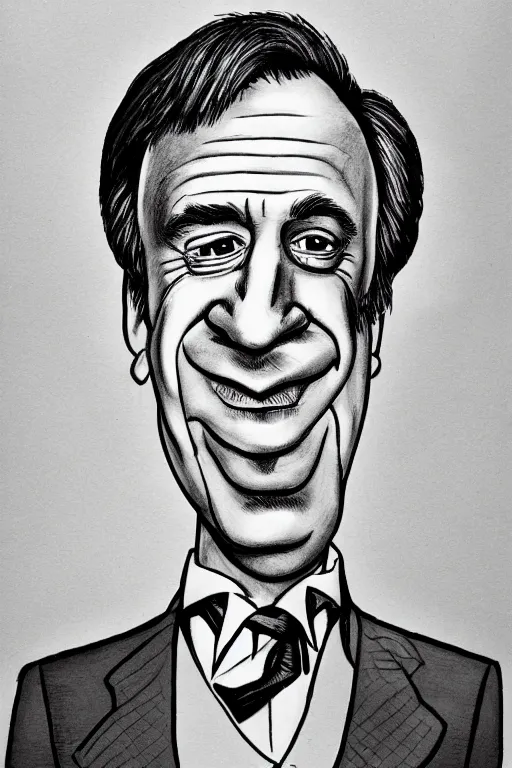 Prompt: a caricature of saul goodman by tom richmond, black pen on paper. detailed, hd image,