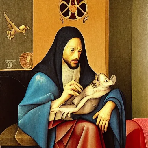 Prompt: Young middle-eastern Almighty God, wearing tracksuit sitting in armchair in poor european apartment. Perfect composition. Very very beautiful painting in style of Hieronymus Bosch, intricate stunning texture and details, fine detailed face. Dramatic lighting