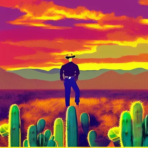 Prompt: digital art of cowboy on the range, beautiful New Mexico sunset, cactus, Art Deco, dark deco, award-winning composition, vibrant colors, vivid color, animated series, by Eric Radomski