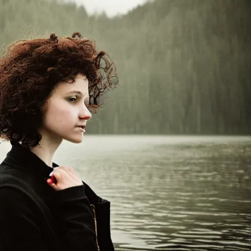 Prompt: portrait of a woman standing in a lake, short black curly hair, by marat safin