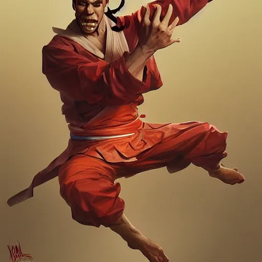 Image similar to martial art clown, dynamic pose, fighting highly detailed, digital painting, artstation, concept art, matte, sharp focus, illustration, art by Artgerm and Greg Rutkowski and Alphonse Mucha