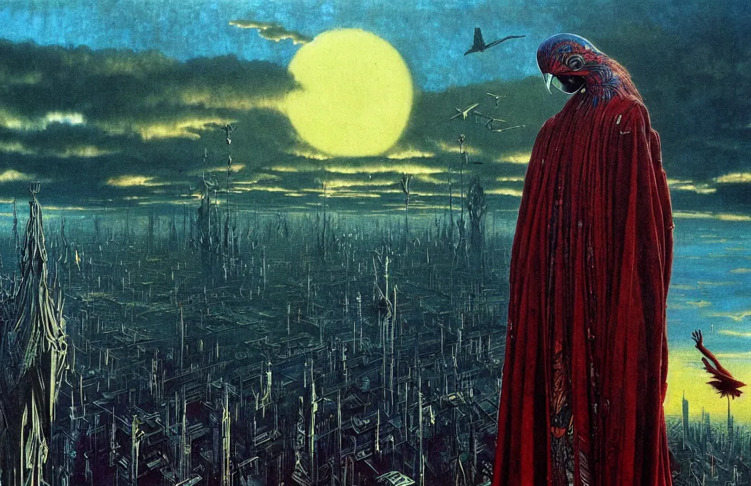 Image similar to extremely detailed portrait film shot of a birdman wearing dark ragged robes, futuristic city sunset landscape background by denis villeneuve, amano, yves tanguy, alphonse mucha, ernst haeckel, max ernst, roger dean, ridley scott, dramatic closeup composition, rich moody colours, blue eyes